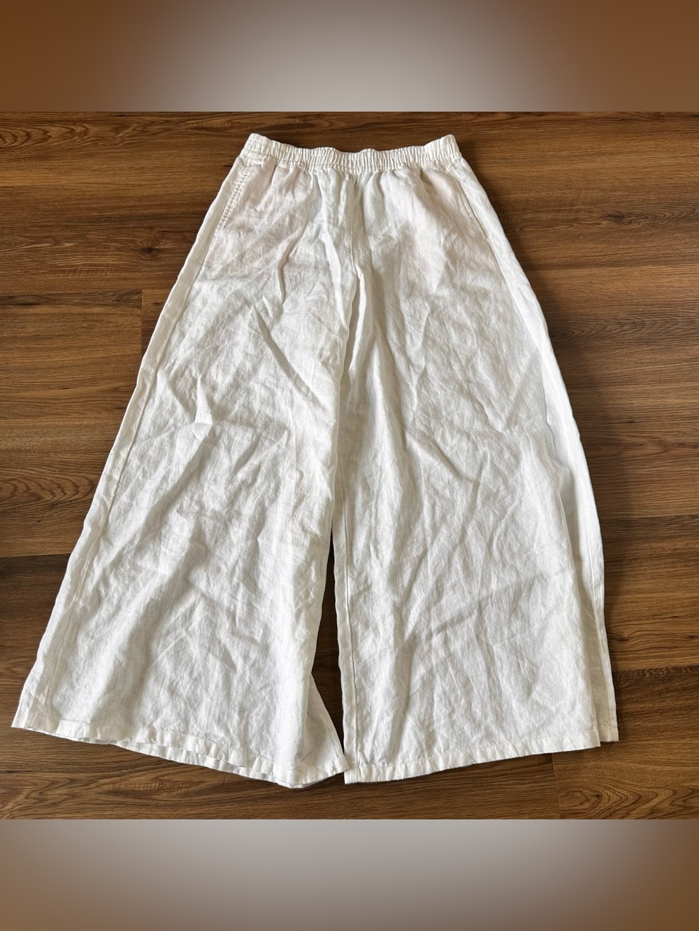 Lands End White Linen Wide Leg Pants Women Medium Pull On Palazzo Coastal Beach